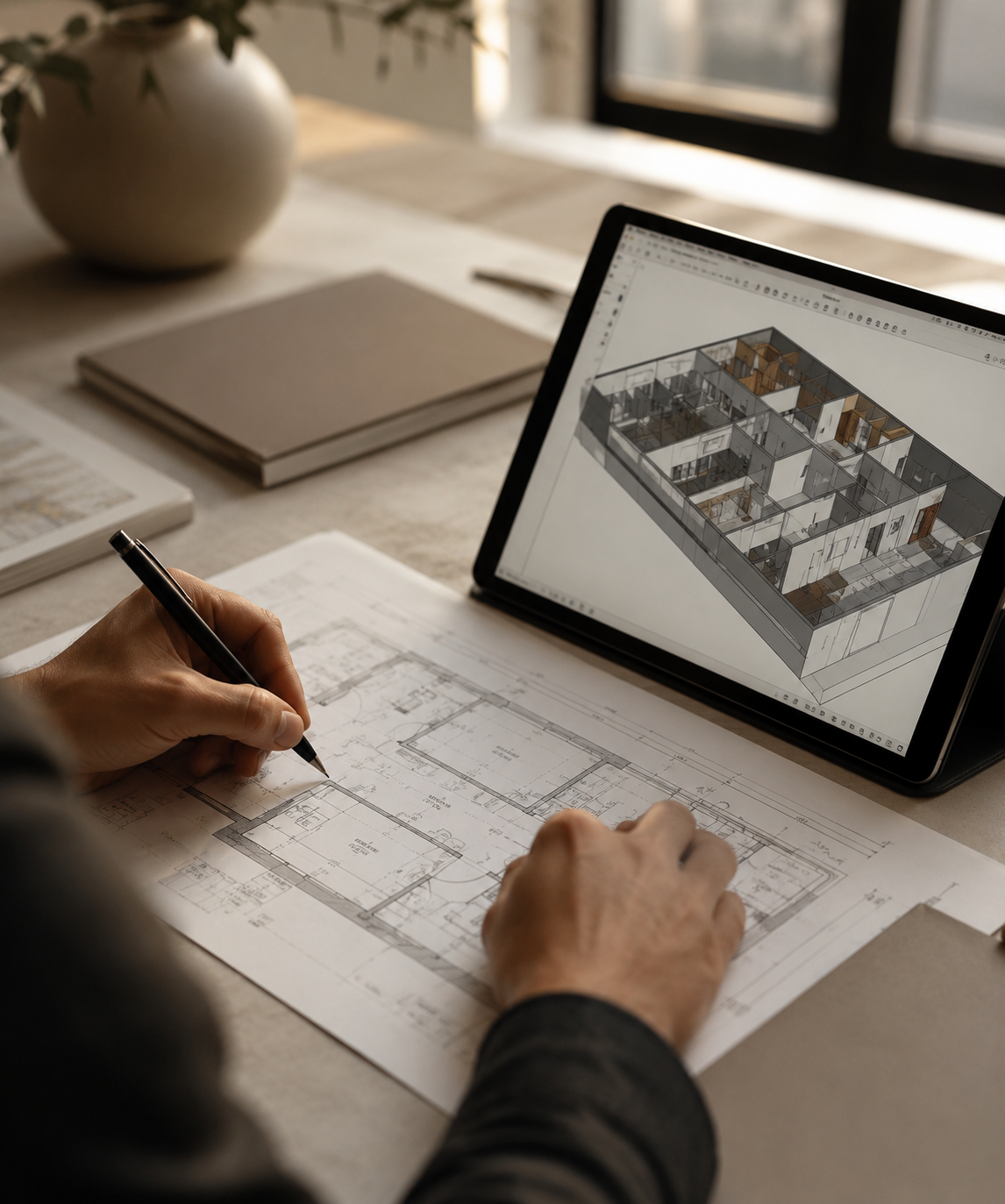 Arquiteto revisando planta baixa ao lado de modelo BIM em tablet