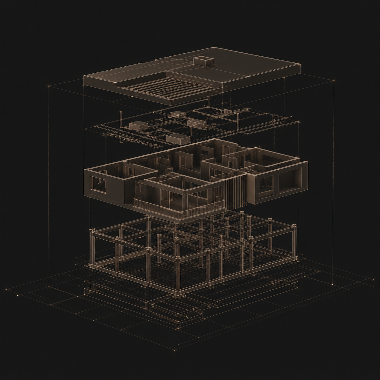 Modelo BIM em camadas exploded de uma residência