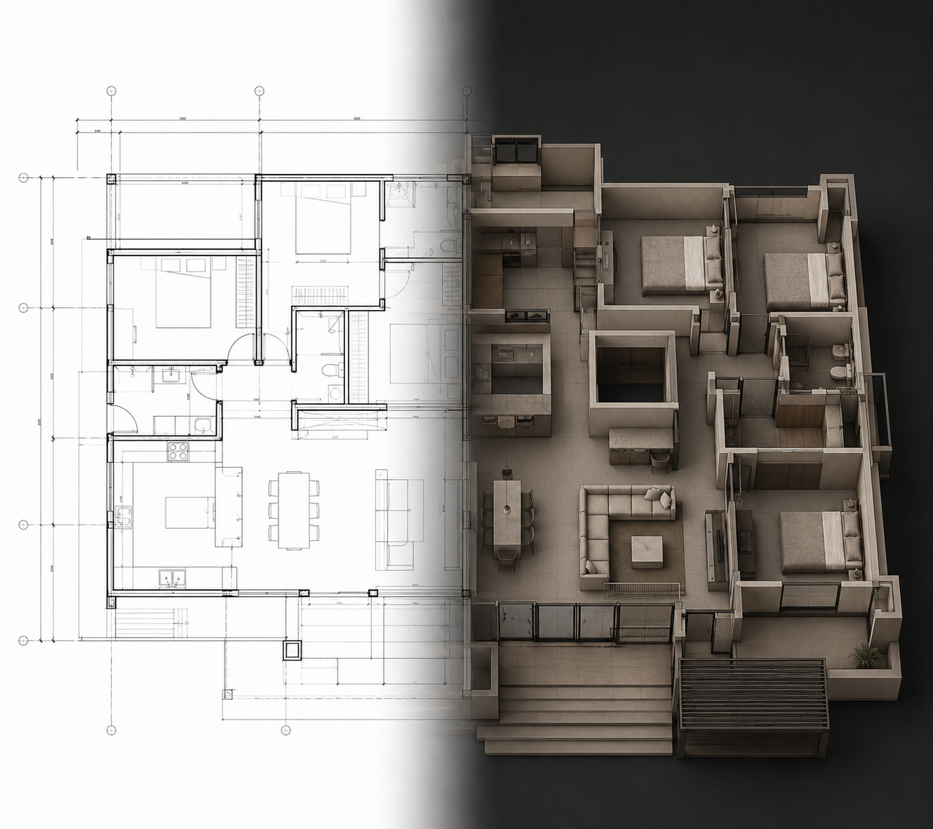 Planta em CAD se transformando em modelo BIM 3D