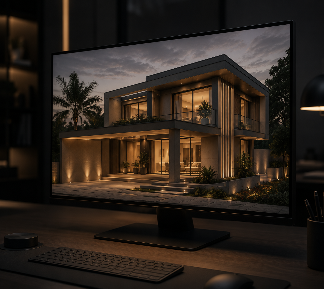 Monitor exibindo renderização fotorrealista de uma residência
